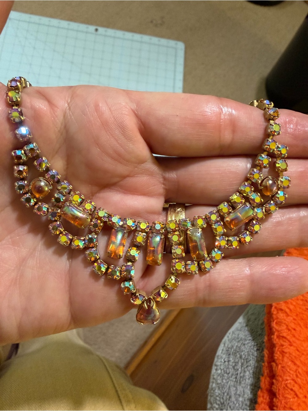 Vintage Aurora Borealis Rhinestone Necklace Gold Tone AB Crystal Statement